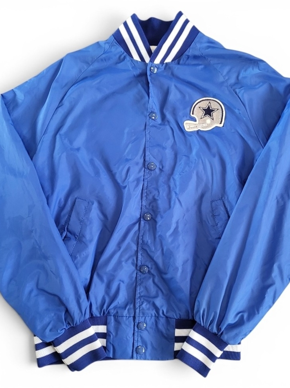 Vintage 1980’s Dallas Cowboys Active Generation USA Blue Satin Snap Jacket L
